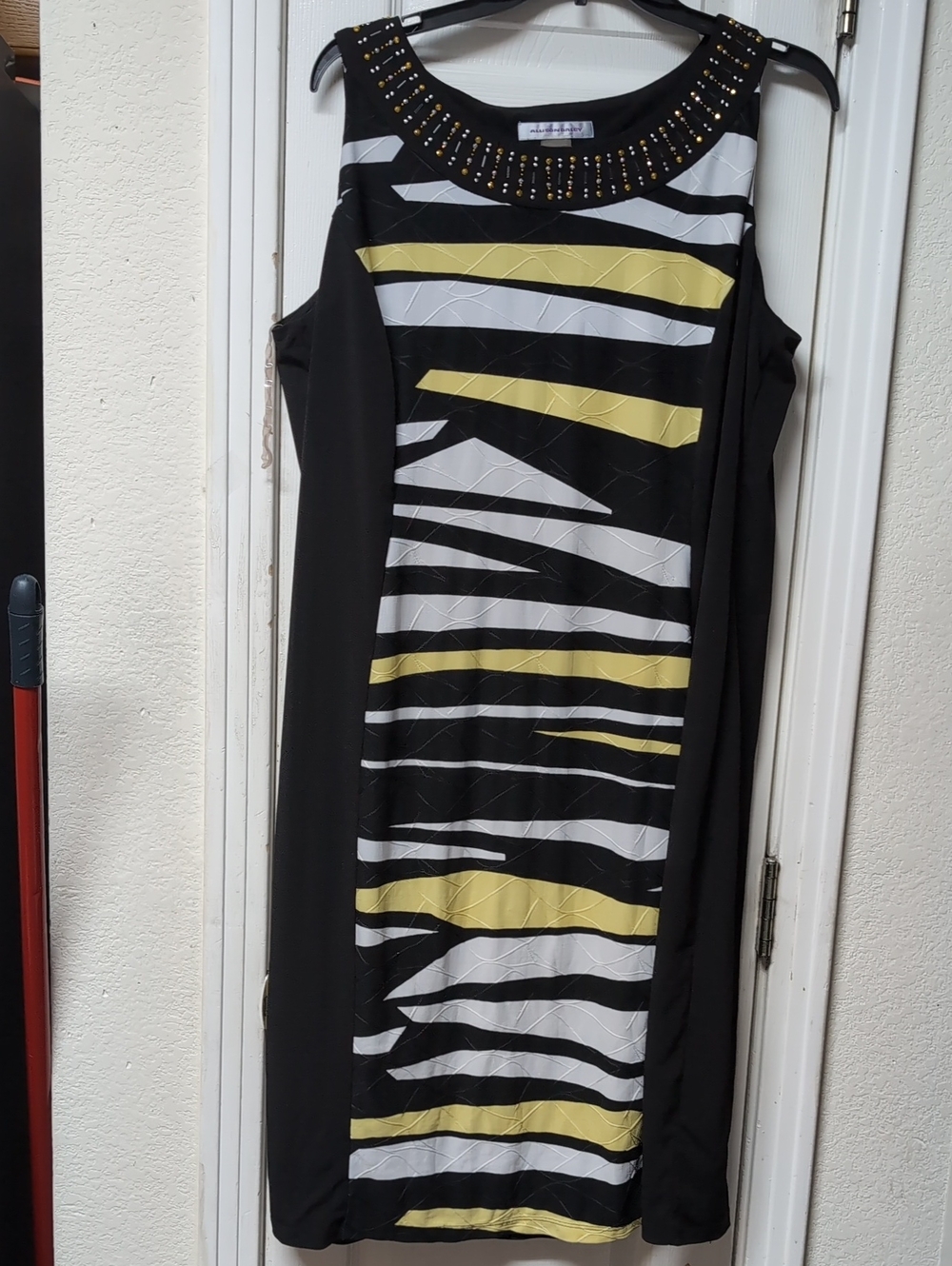Sleeveless Beaded-Neckline Zebra-Stripe Midi Dress in Black and Yellow